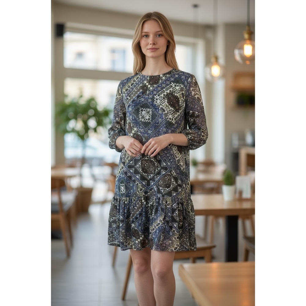 Calvin Klein Women's Blue Brown Paisley Print Ruffle Hem Tie Back Dress Size 12‎